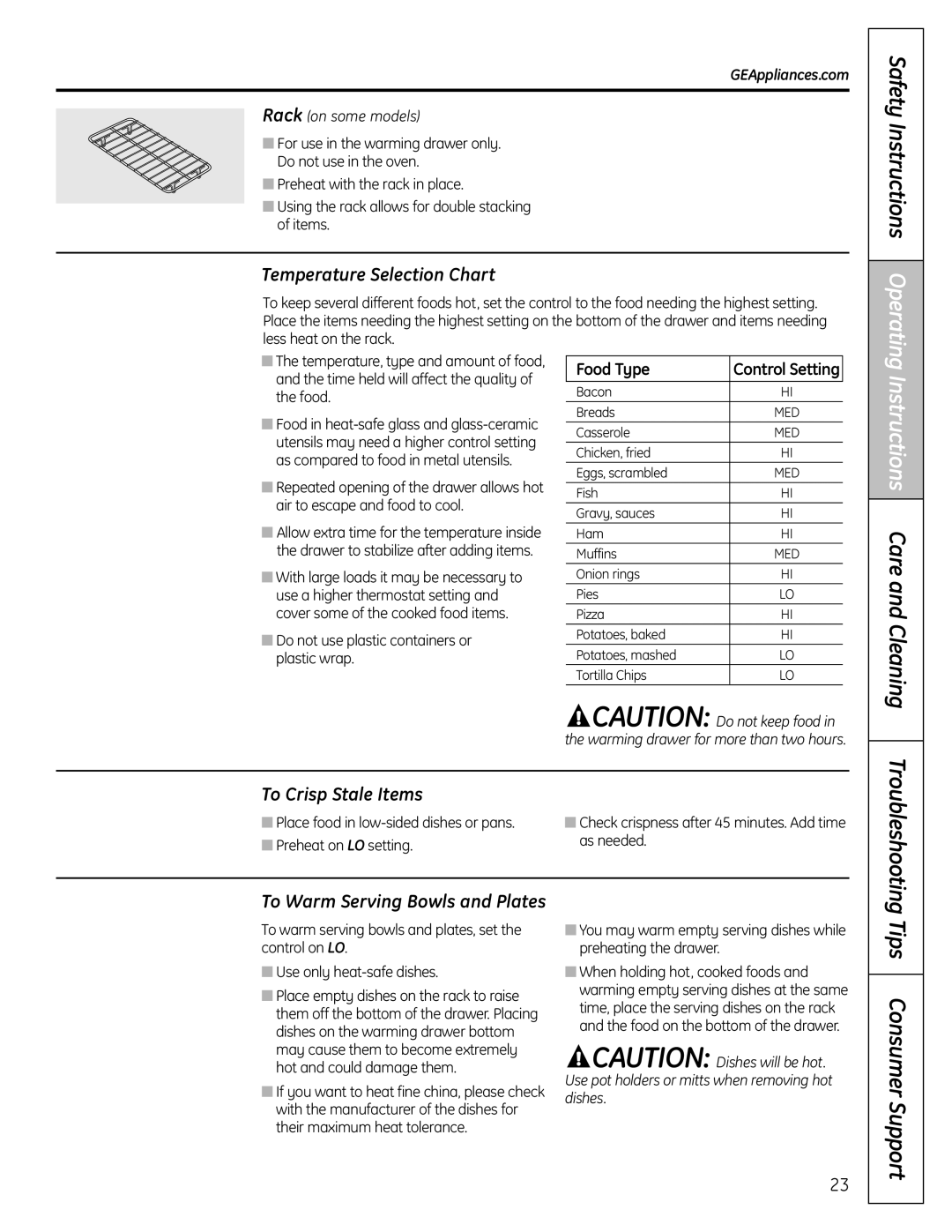 GE RB758 manual Temperature Selection Chart, To Crisp Stale Items, Safety Instructions OperatingiOper 