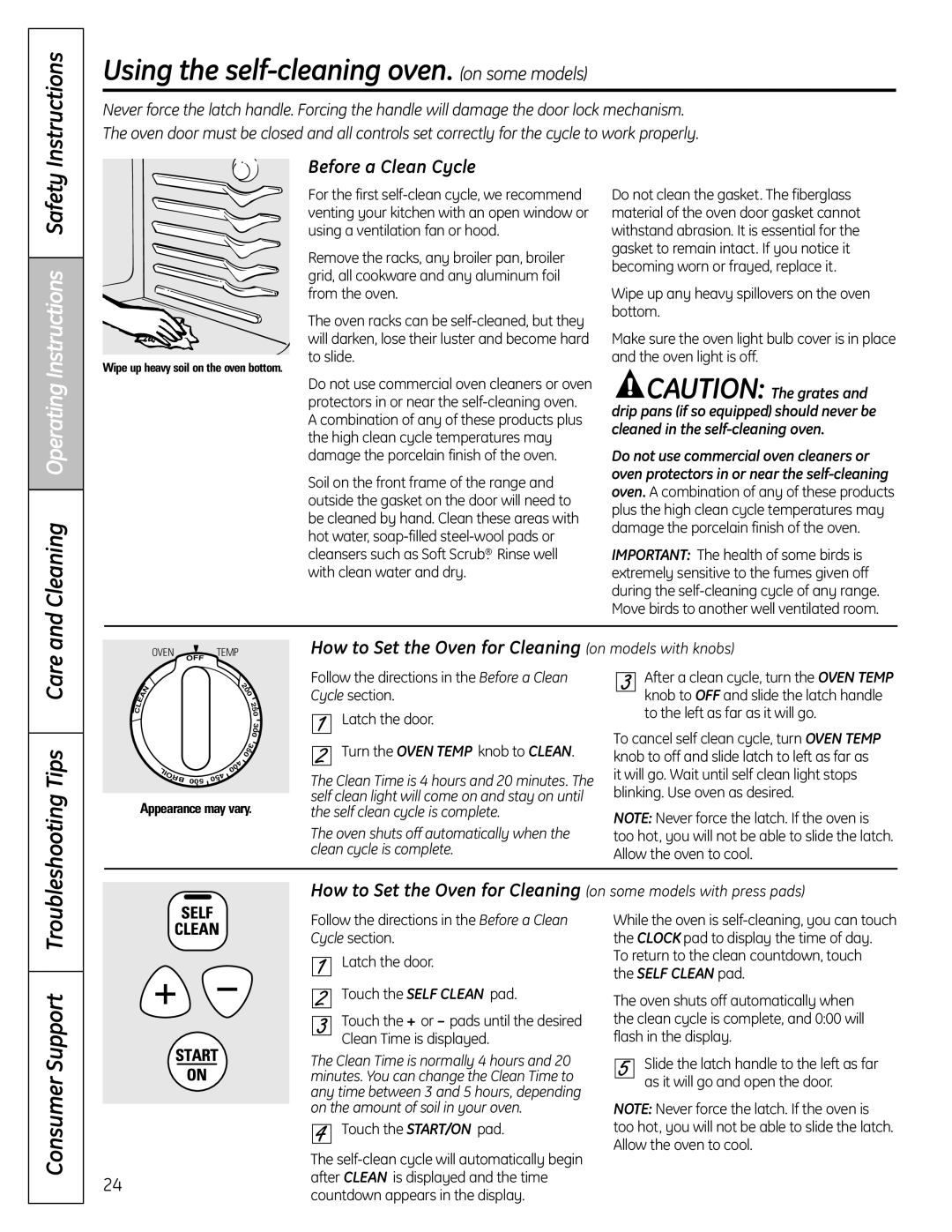 GE RB758 manual Using the self-cleaning oven. on some models, Troubleshooting, Before a Clean Cycle, Self Clean pad 