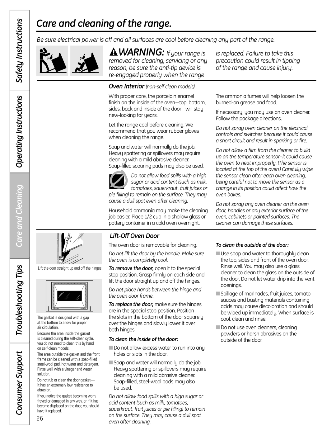 GE RB758 manual Care and cleaning of the range, Cleaning OperatingInstructions, Consumer Support Troubleshooting Tips Care 