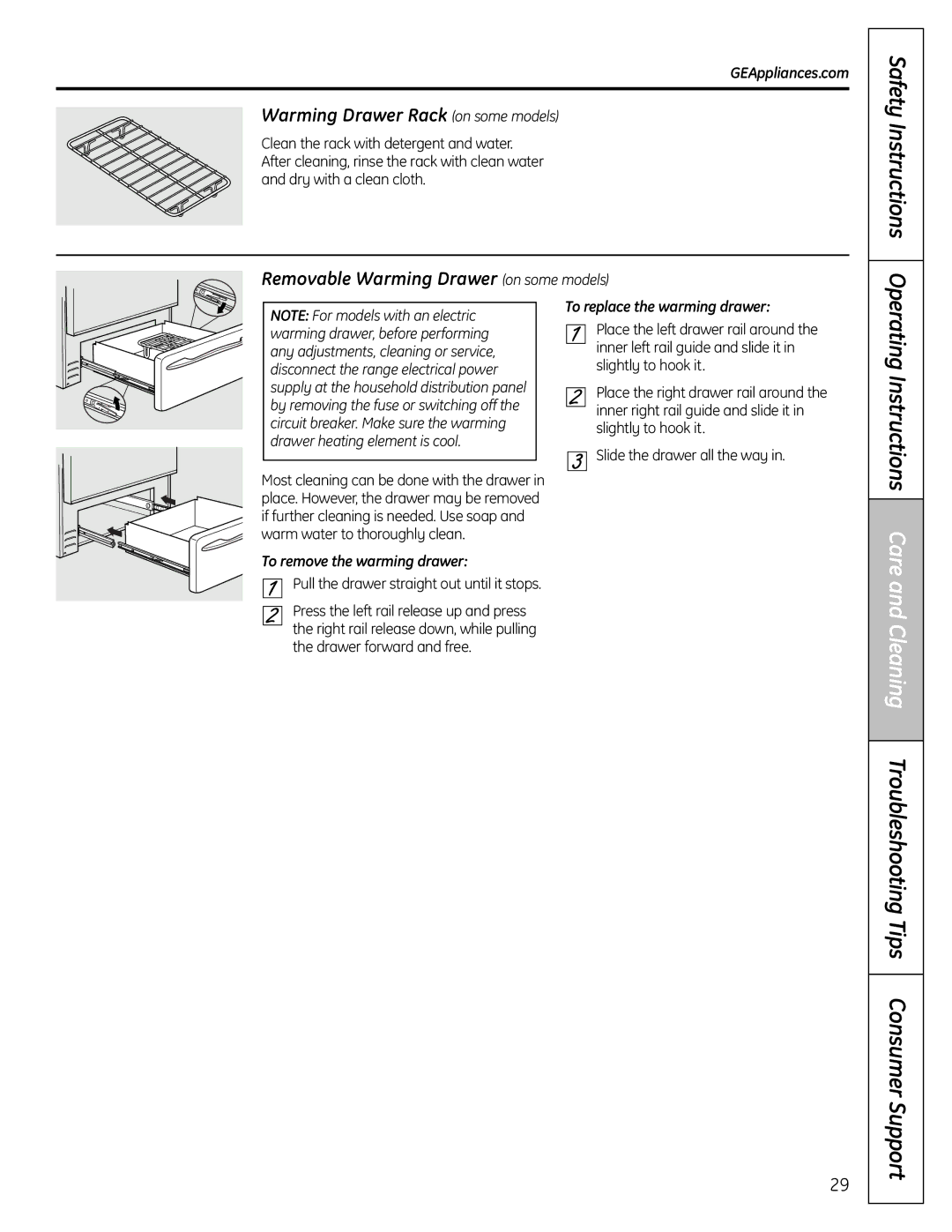 GE RB758 manual Warming Drawer Rack on some models, Removable Warming Drawer on some models, To remove the warming drawer 