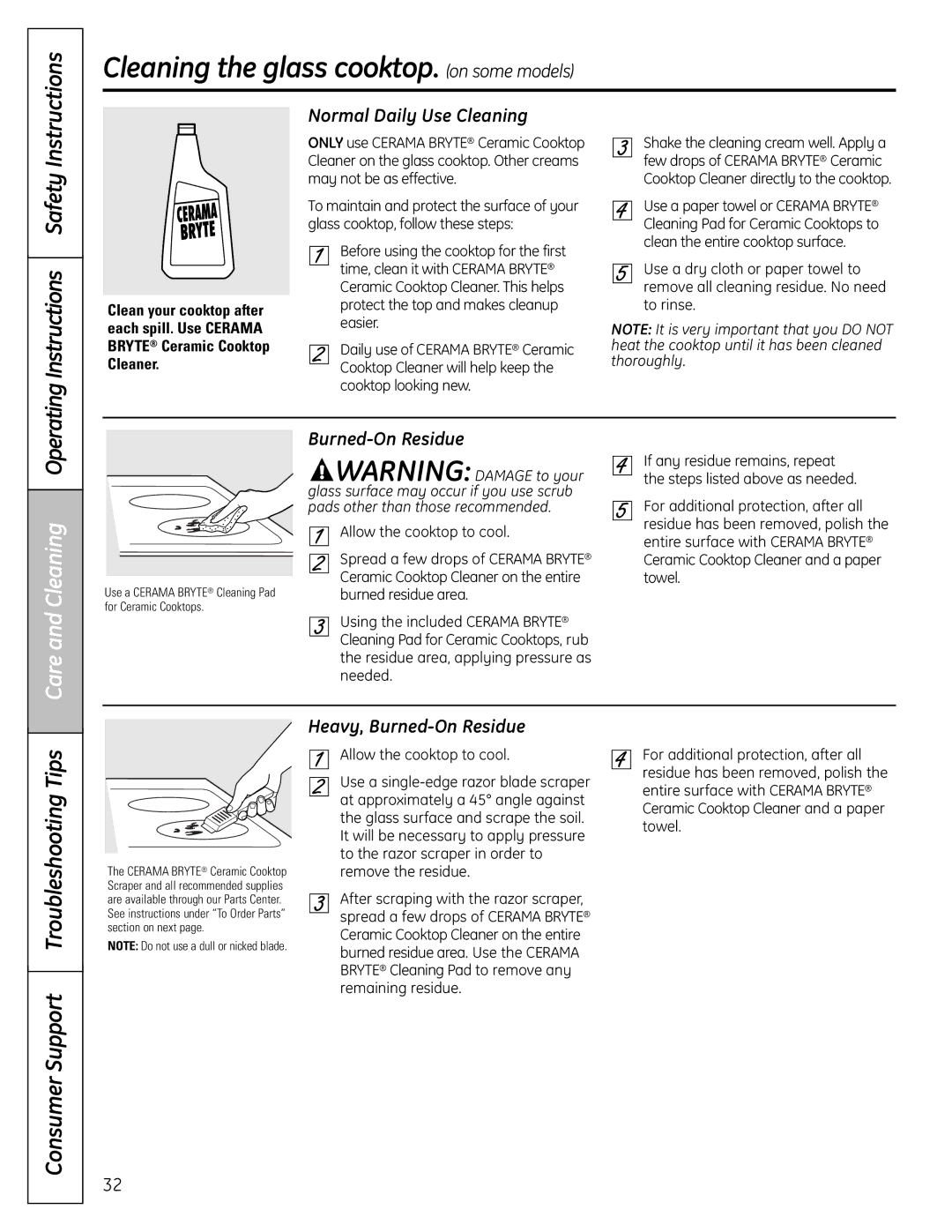 GE RB758 manual Cleaning the glass cooktop. on some models, Normal Daily Use Cleaning, Burned-On Residue 