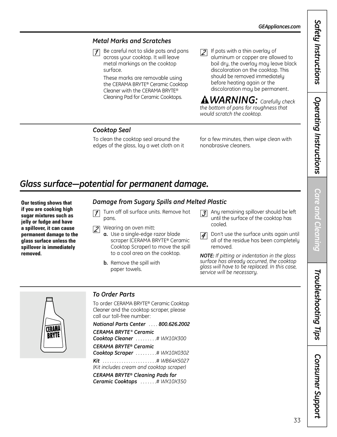 GE RB758 manual Instructions Operati, Metal Marks and Scratches, Cooktop Seal, Damage from Sugary Spills and Melted Plastic 