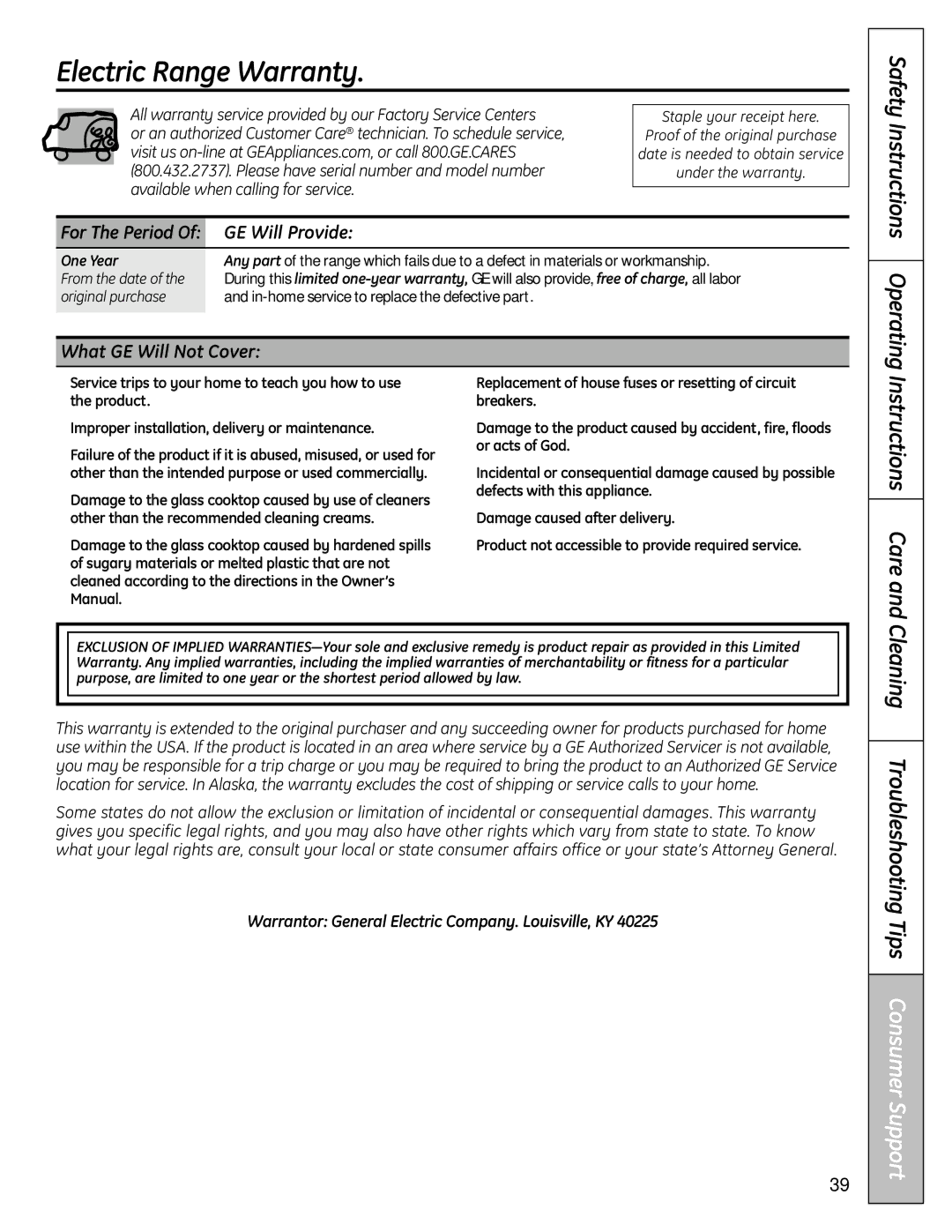 GE RB758 manual Electric Range Warranty, GE Will Provide, What GE Will Not Cover 