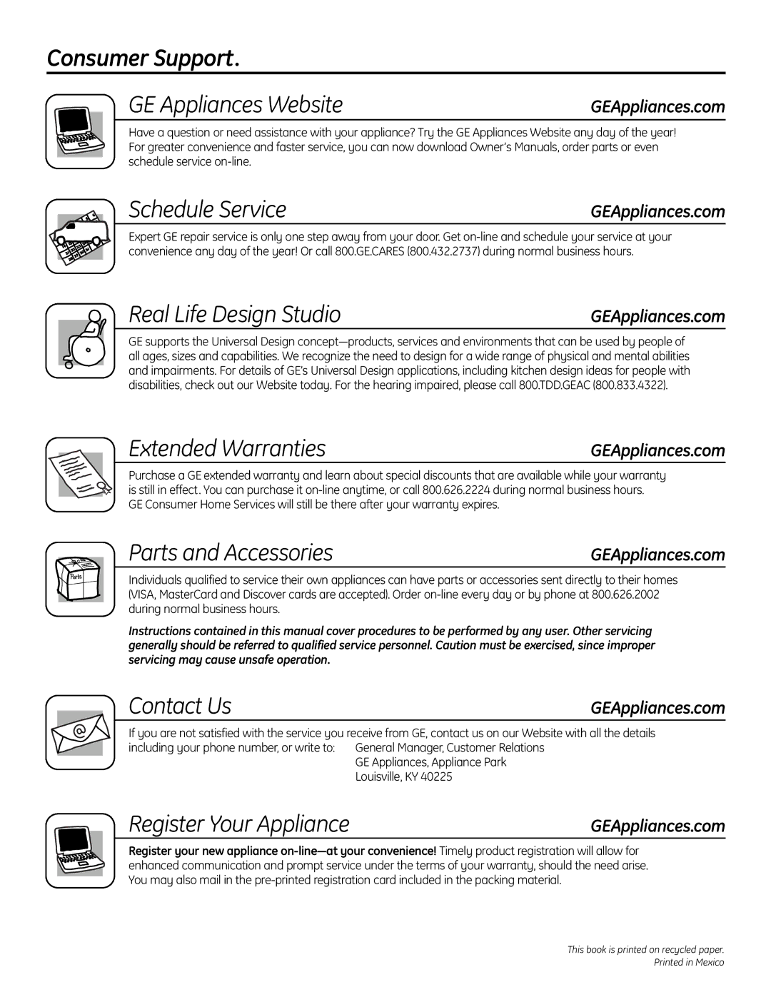 GE RB758 manual Consumer Support GE Appliances Website, Schedule Service, Real Life Design Studio, Extended Warranties 