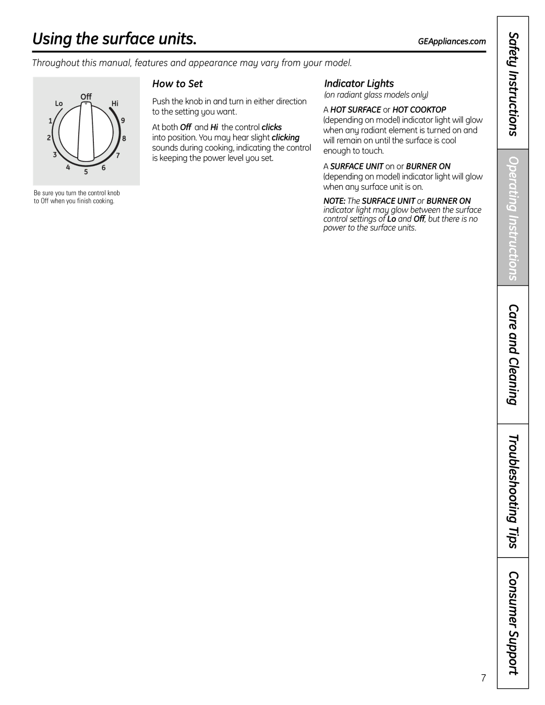 GE RB758 manual Using the surface units, How to Set, Indicator Lights, Safety Ins 