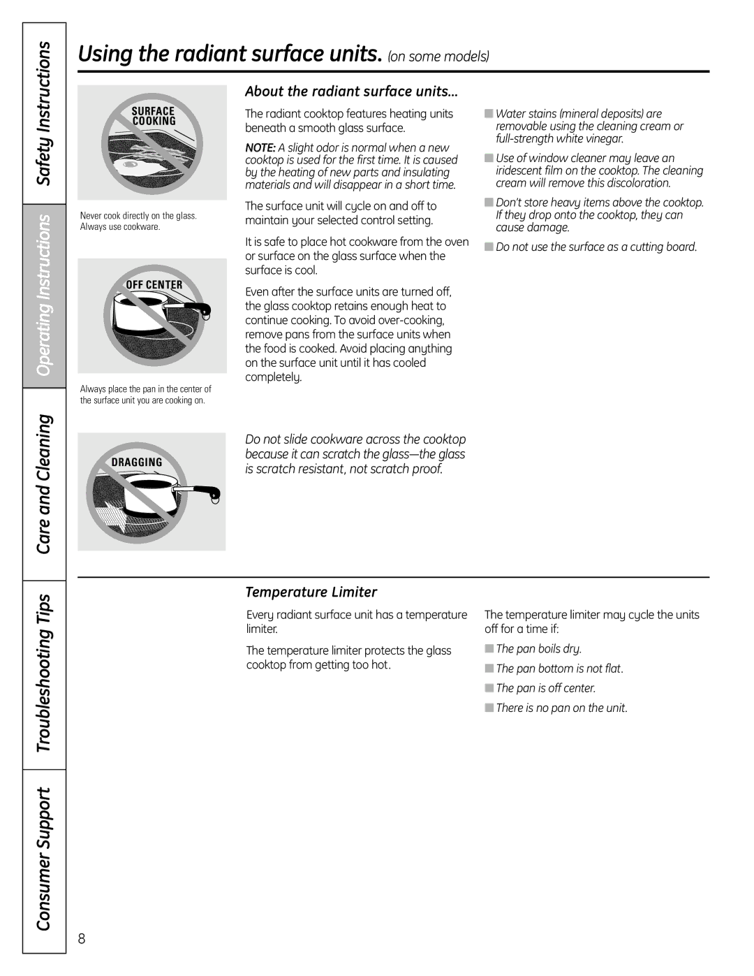 GE RB758 Using the radiant surface units. on some models, Care and Cleaning OperatingInstructions Safety Instructions 