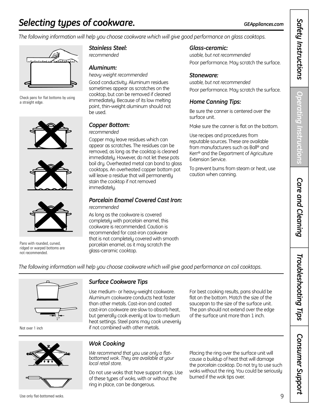 GE RB758 manual Selecting types of cookware, Safety 