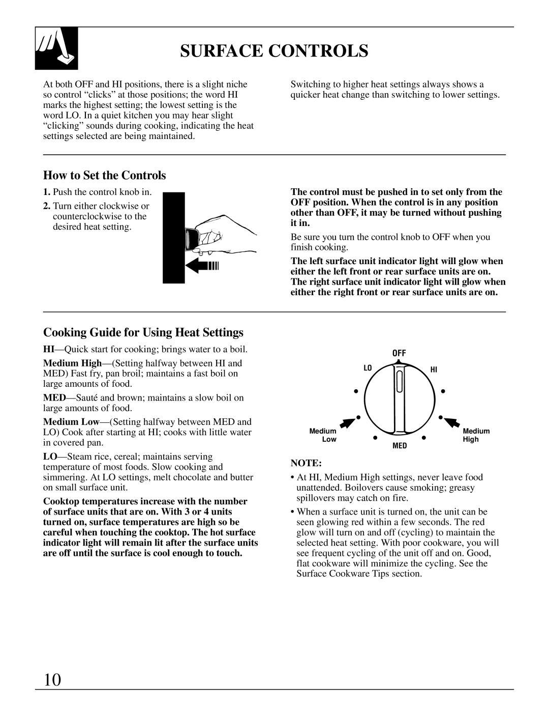 GE RB787 warranty Surface Controls, How to Set the Controls, Cooking Guide for Using Heat Settings 