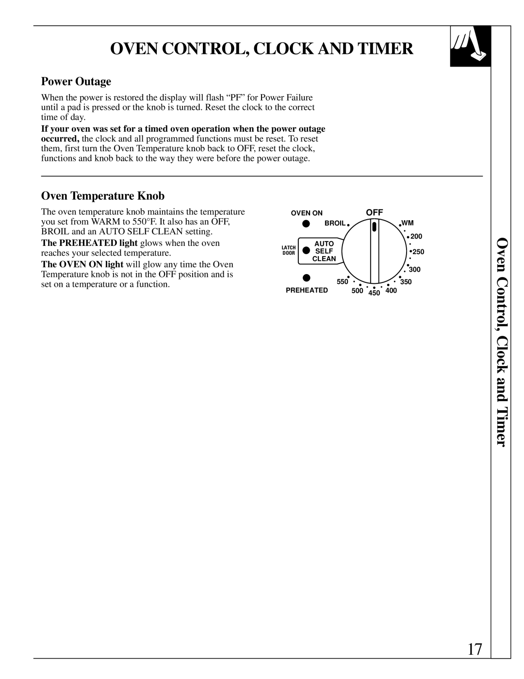 GE RB787 warranty Power Outage, Oven Temperature Knob, Preheated light glows when the oven 