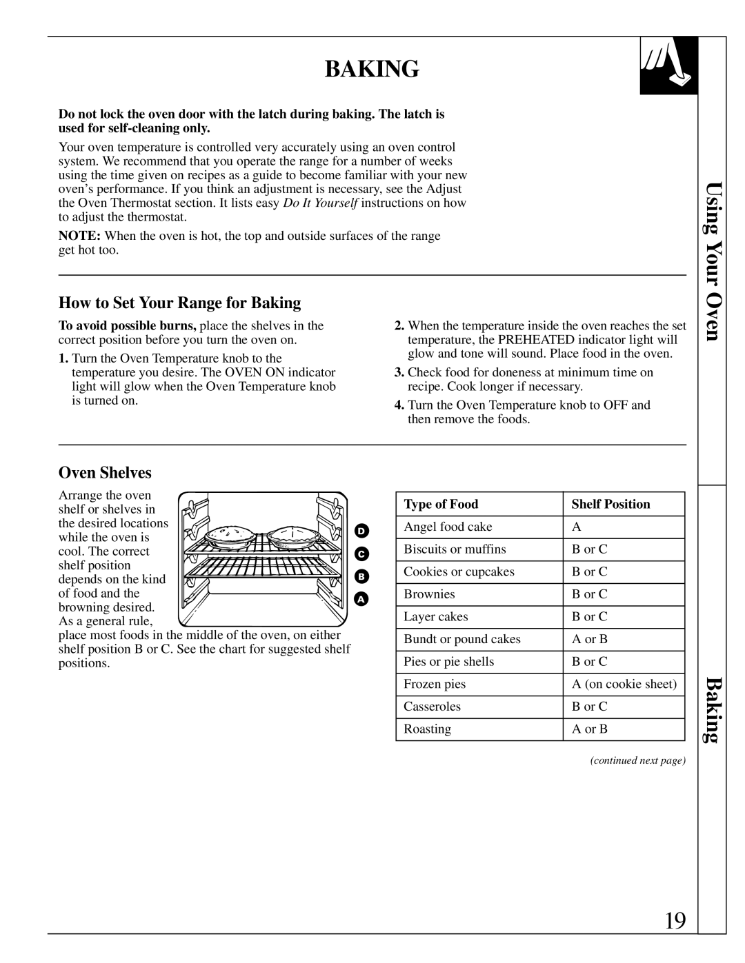 GE RB787 warranty Using Your, Oven, How to Set Your Range for Baking 