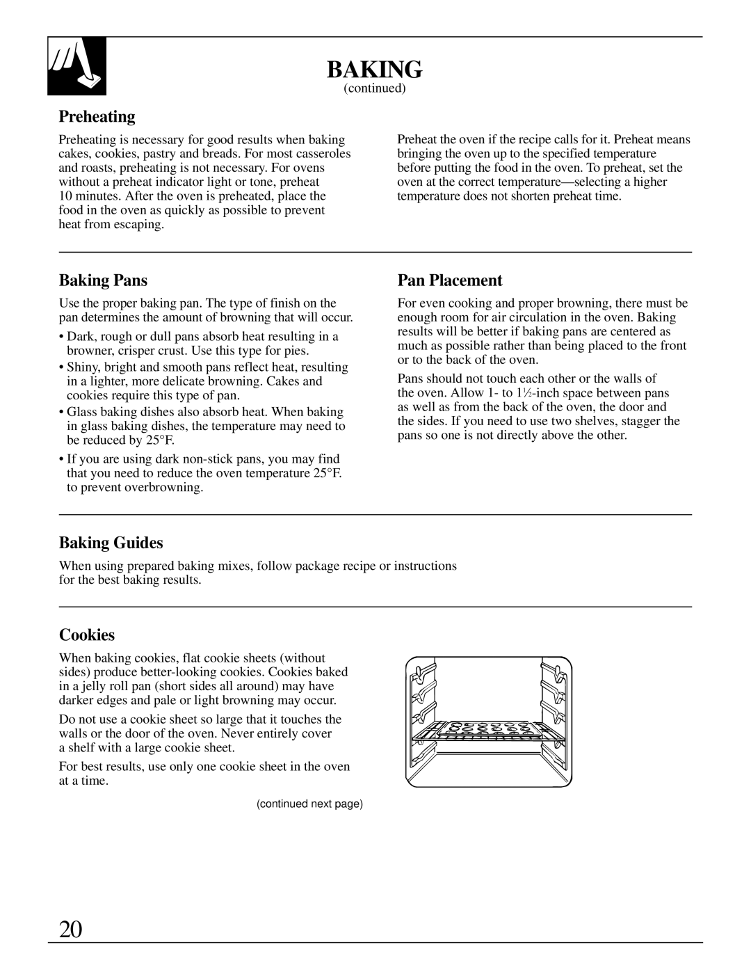 GE RB787 warranty Preheating, Baking Pans, Pan Placement, Baking Guides, Cookies 