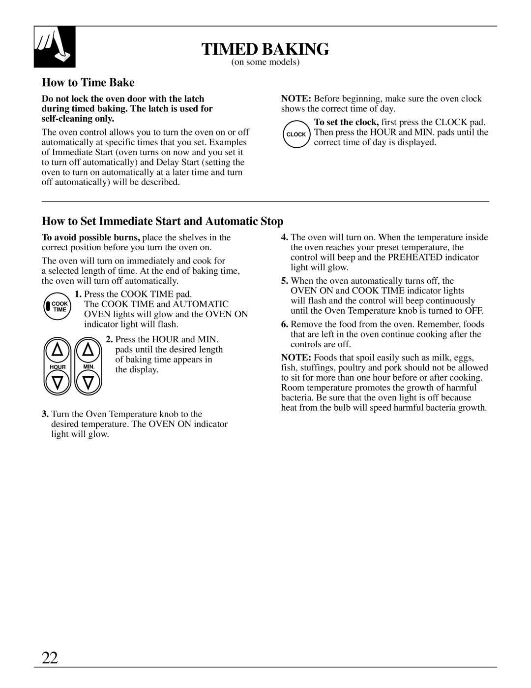 GE RB787 warranty Timed Baking, How to Time Bake, How to Set Immediate Start and Automatic Stop 