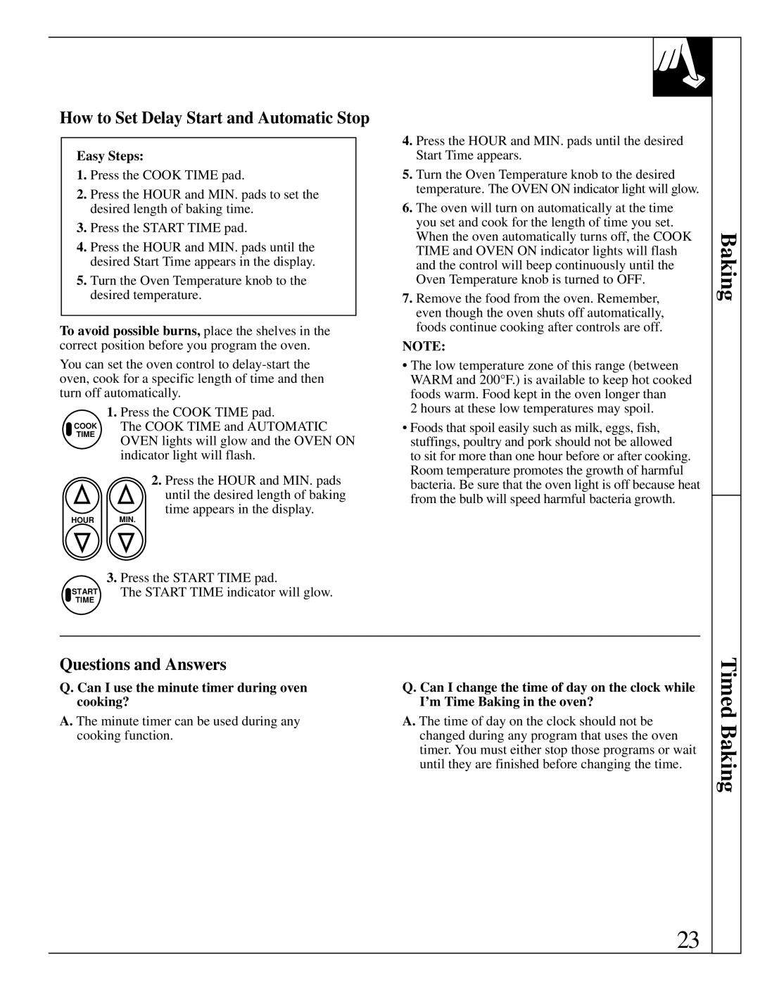 GE RB787 warranty Timed Baking, How to Set Delay Start and Automatic Stop, Questions and Answers 