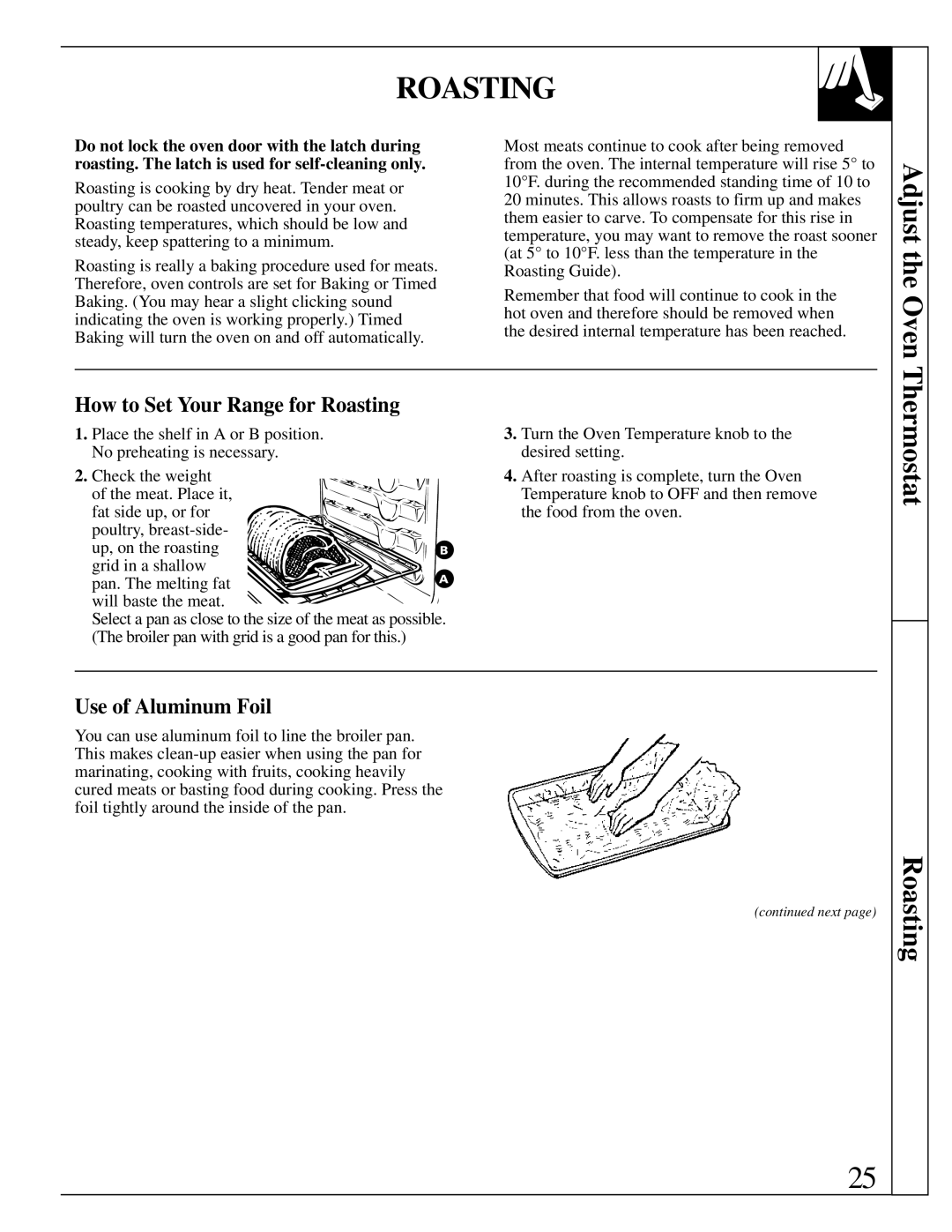 GE RB787 warranty Adjust the Oven, Thermostat Roasting, How to Set Your Range for Roasting, Use of Aluminum Foil 