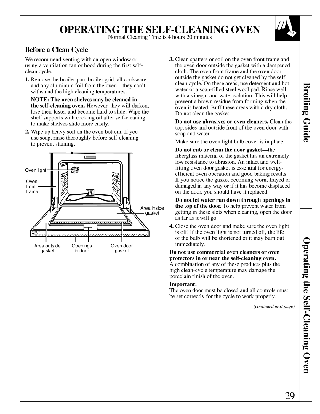 GE RB787 warranty Operating the SELF-CLEANING Oven, Broiling Guide, Cleaning Oven, Before a Clean Cycle 