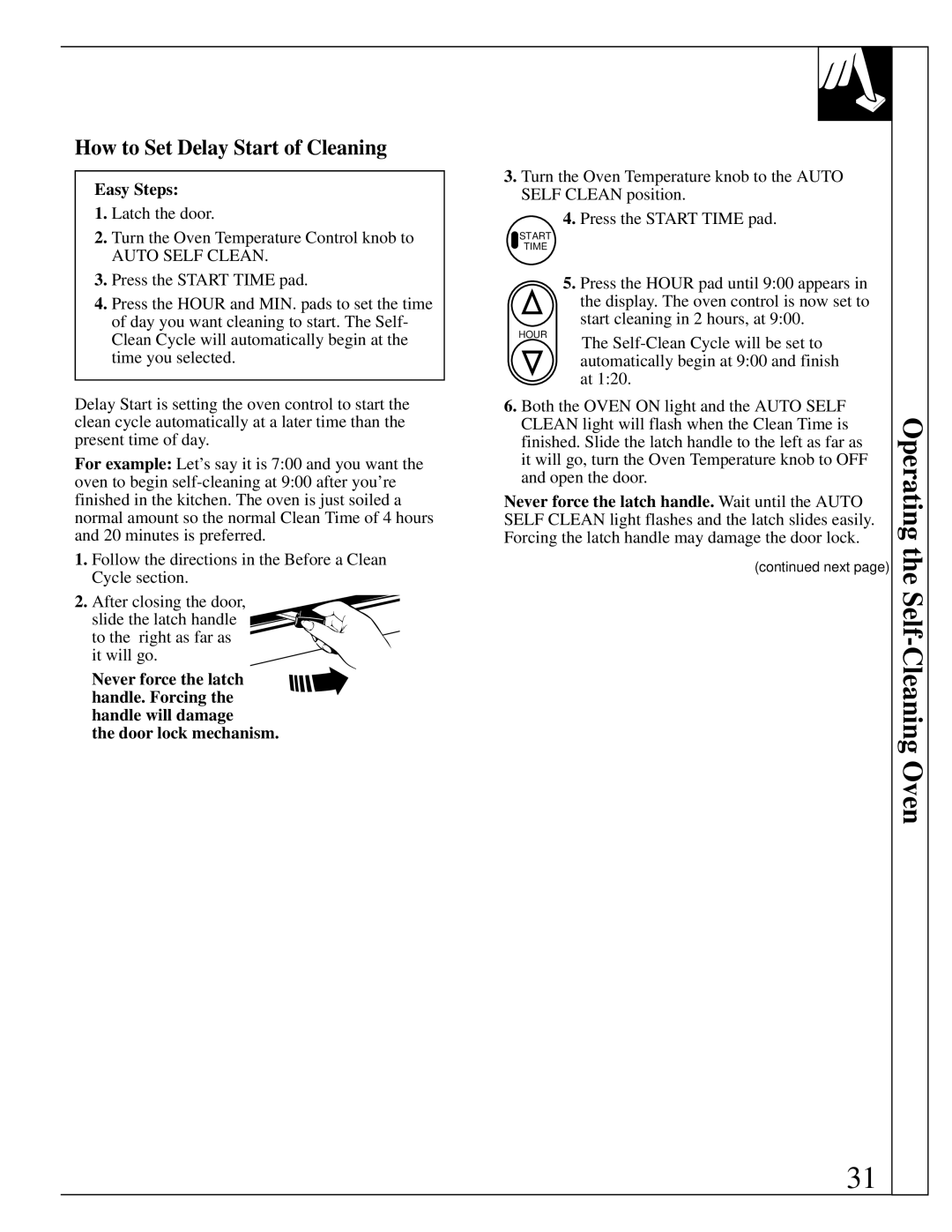 GE RB787 warranty Operating the Self-Cleaning Oven, How to Set Delay Start of Cleaning 