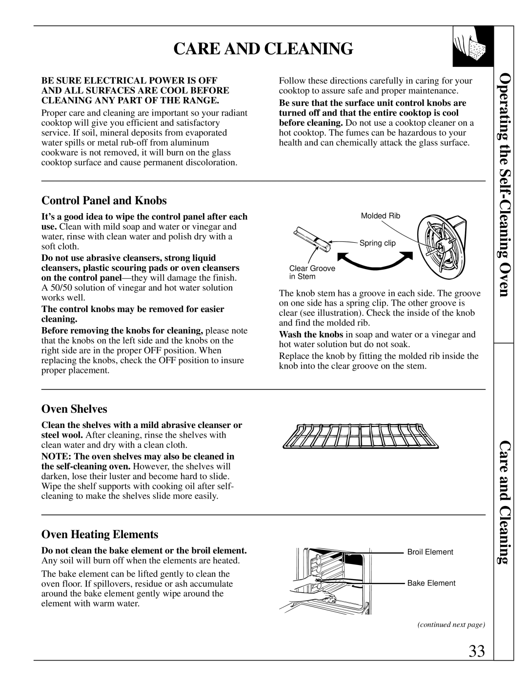 GE RB787 warranty Care and Cleaning, Operating the Self, Control Panel and Knobs, Oven Heating Elements 