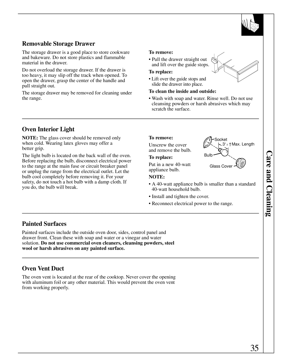 GE RB787 warranty Cleaning, Removable Storage Drawer, Oven Interior Light, Painted Surfaces, Oven Vent Duct 