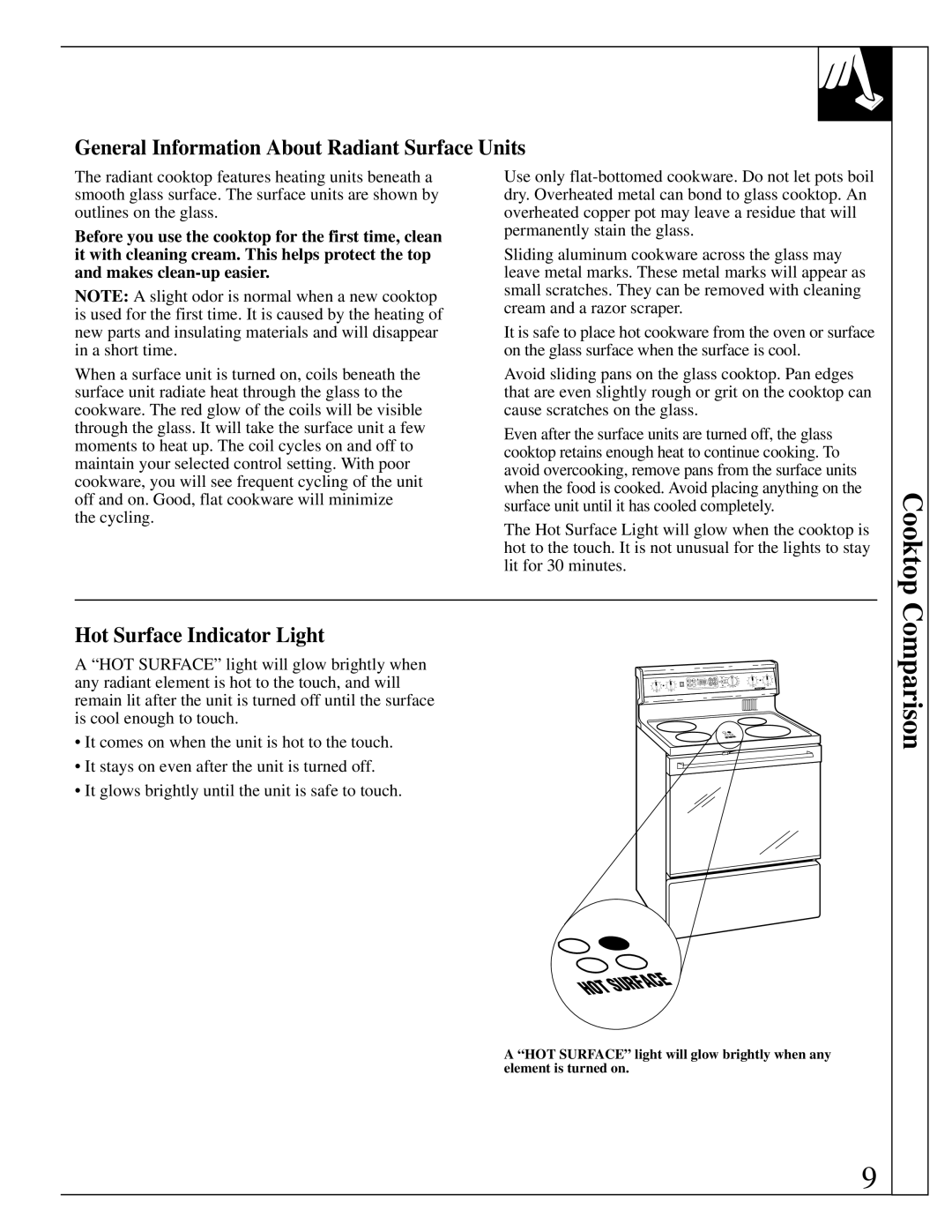 GE RB787 warranty Cooktop, Comparison, General Information About Radiant Surface Units, Hot Surface Indicator Light 