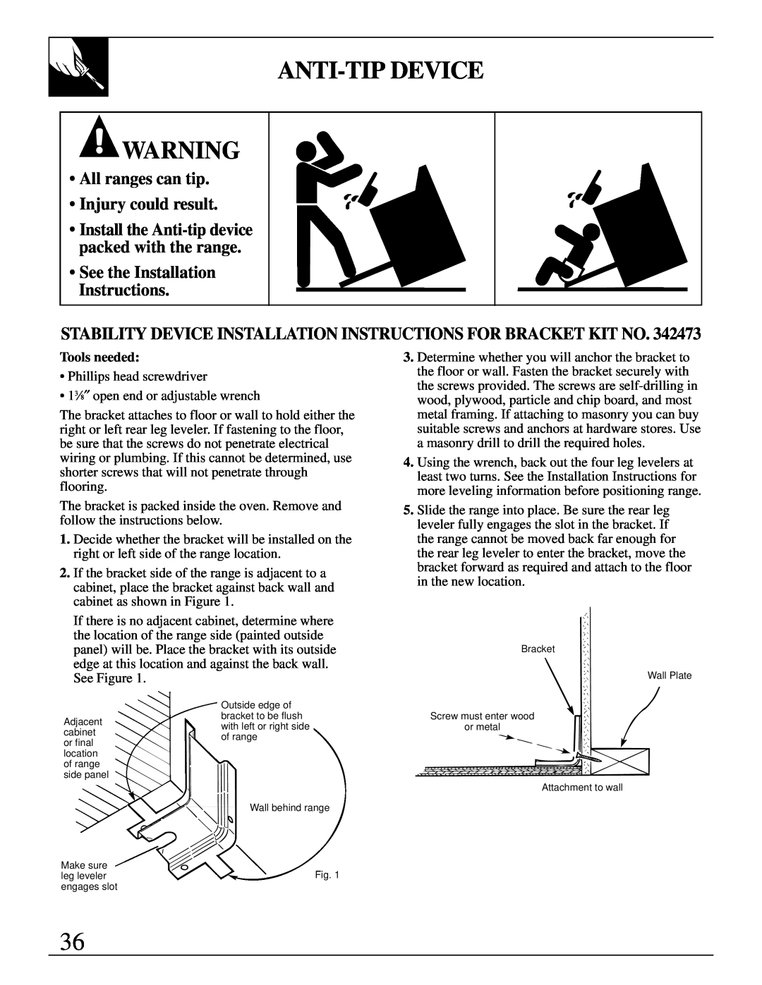 GE RB787 warranty Anti-Tip Device, All ranges can tip Injury could result, See the Installation Instructions, Tools needed 