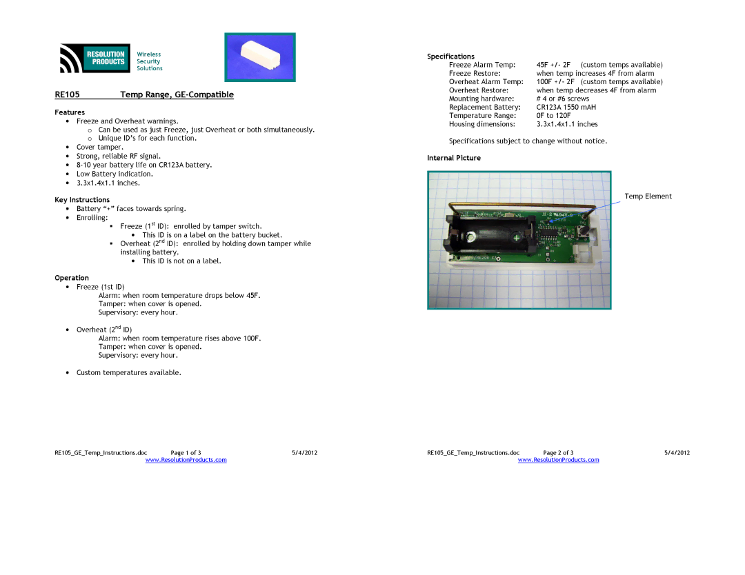 GE specifications RE105 Temp Range, GE-Compatible 