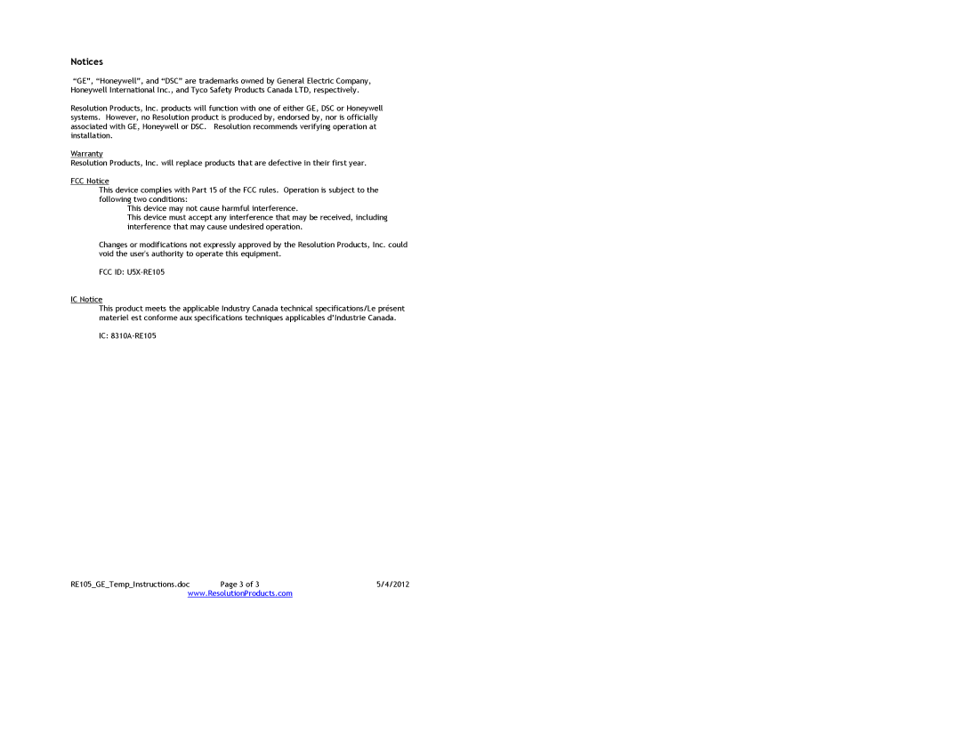 GE specifications FCC ID U5X-RE105, IC Notice, IC 8310A-RE105 RE105GETempInstructions.doc 2012 