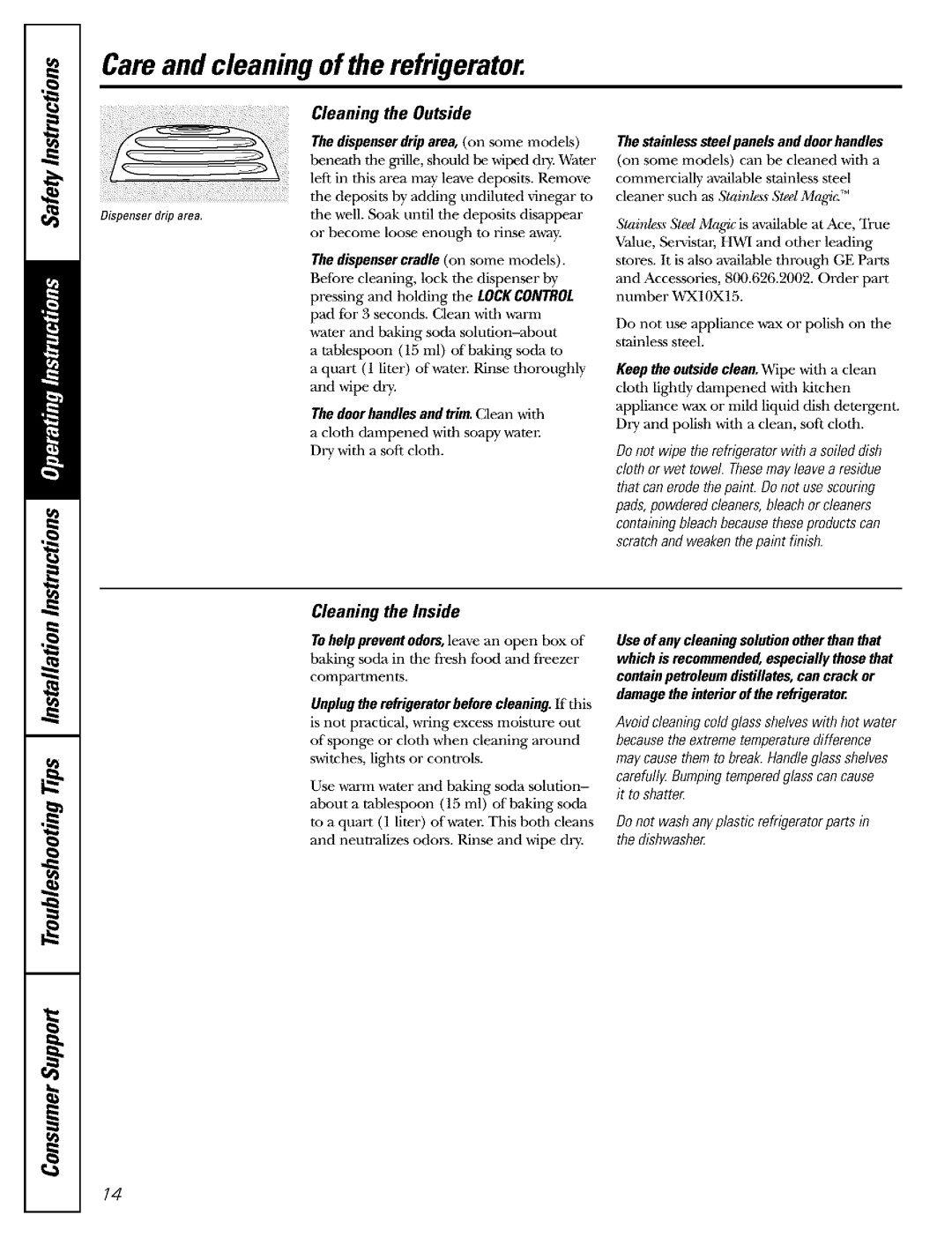 GE Refrigerator warranty Careand cleaning of the refrigerator, Cleaning the Inside, Cleaning the Outside 