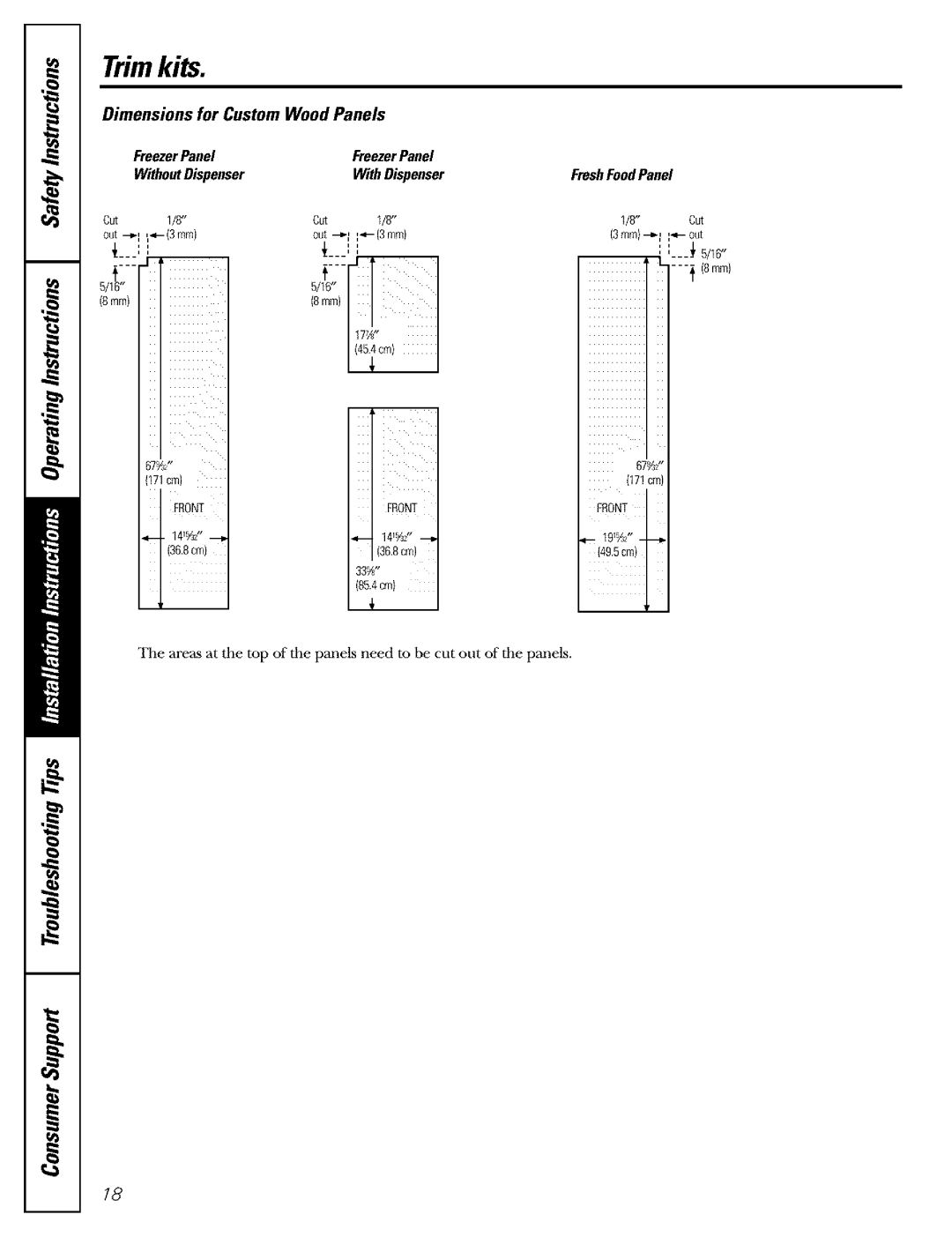 GE Refrigerator warranty Dimensions for Custom Wood Panels, FreezerPanel WithoutDispenser WithDispenser 