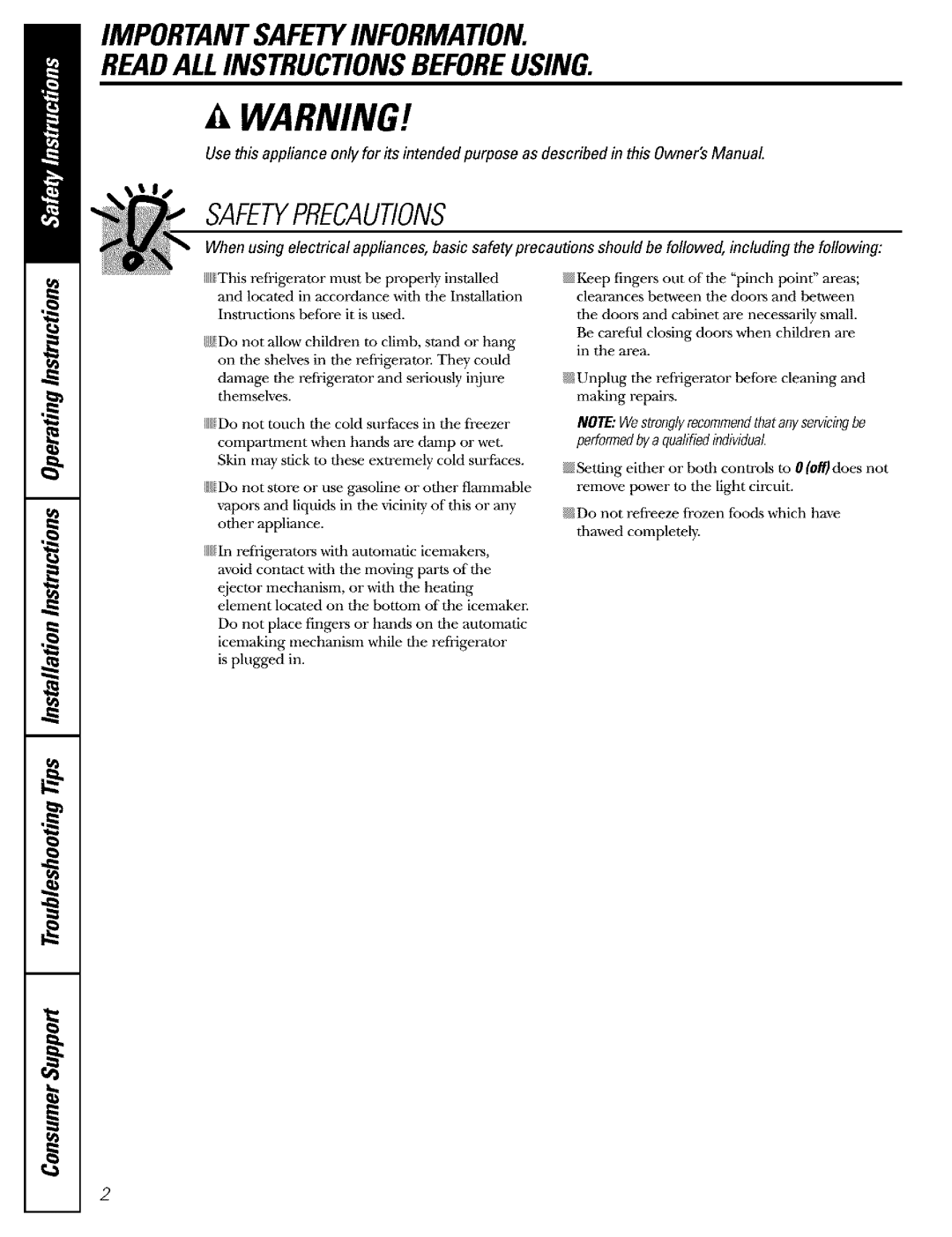 GE Refrigerator warranty Importantsafetyinformation Readallinstructionsbeforeusing 