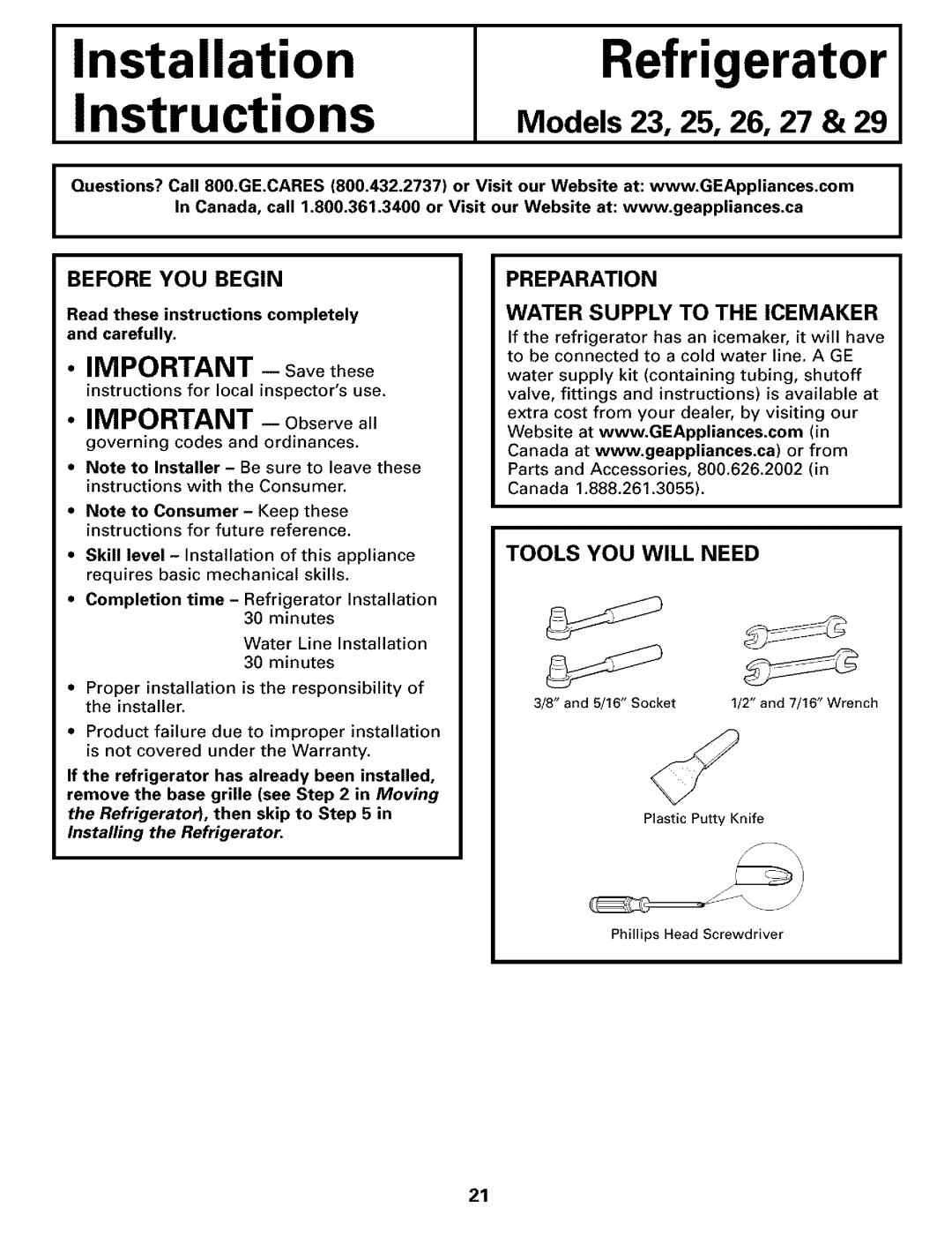 GE Refrigerator warranty Before YOU Begin, Preparation Water Supply to the Icemaker, Tools YOU will Need 