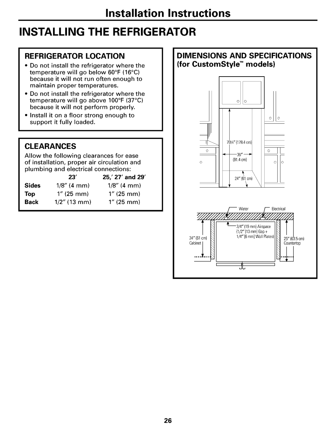 GE warranty Refrigerator Location, Clearances 