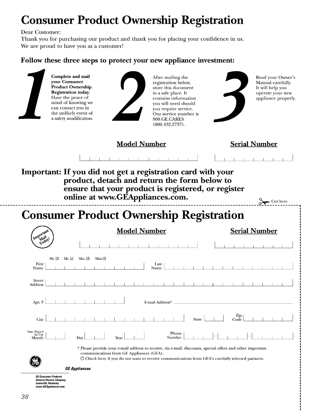 GE Refrigerator warranty Consumer Product Ownership Registration 