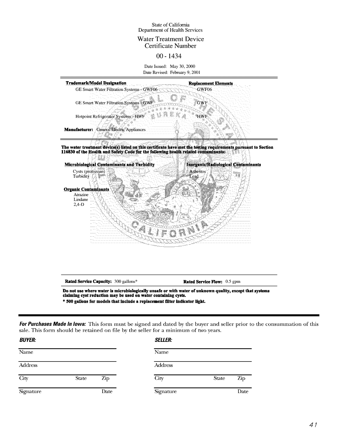 GE Refrigerator warranty 00-1434 