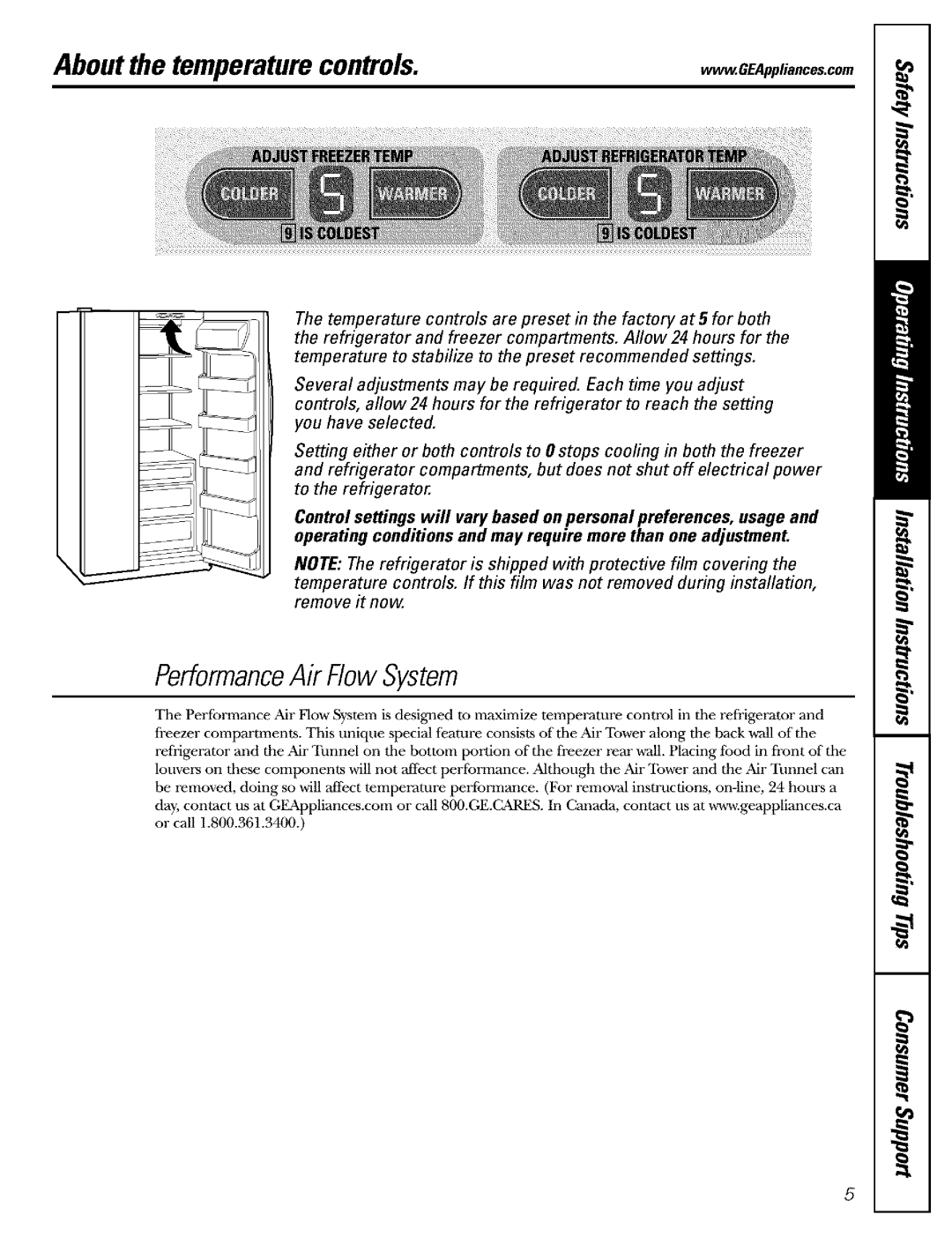 GE Refrigerator warranty PerformanceAir FlowSystem, About the temperaturecontrols Ww .GEAppliances.c 