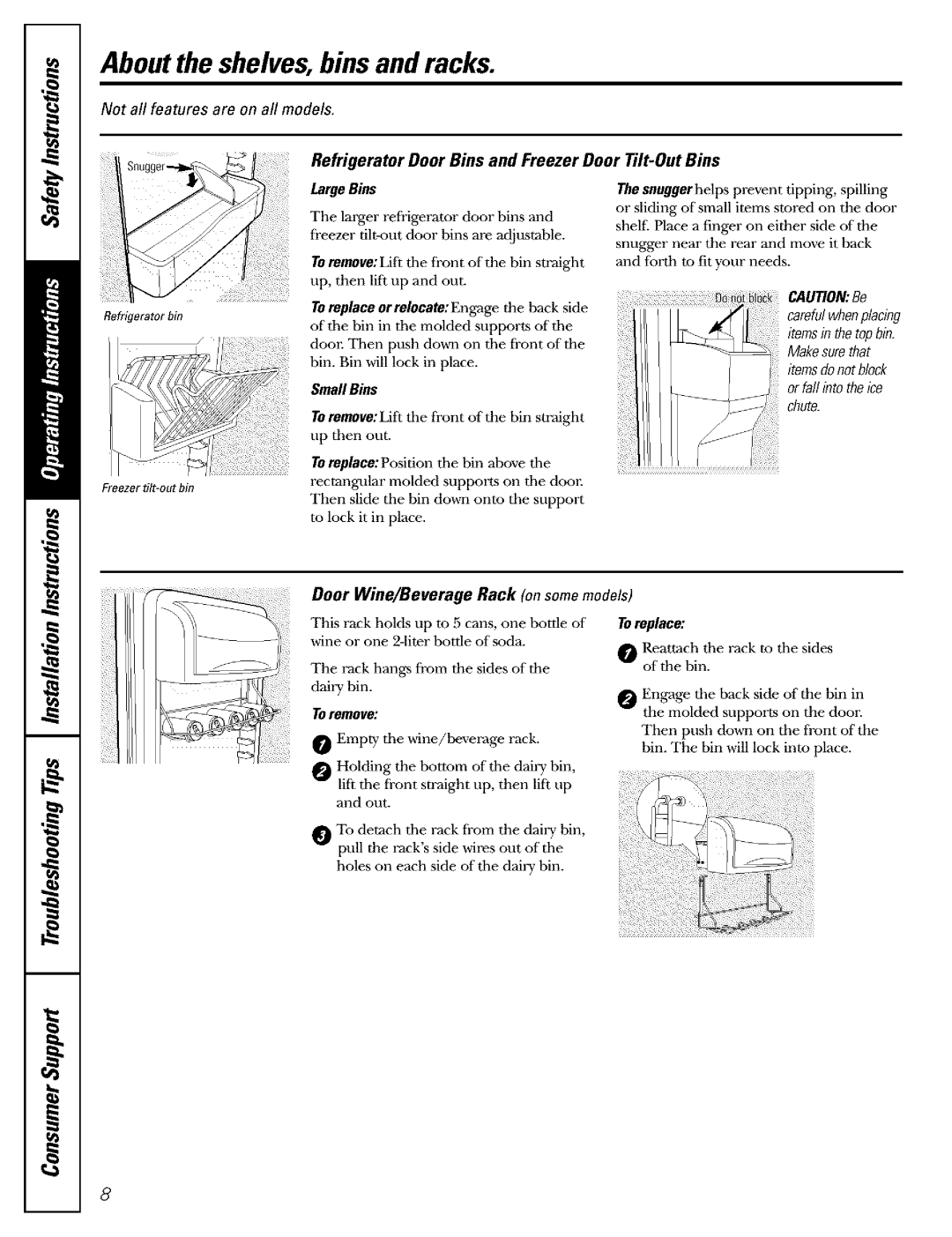 GE warranty About the shelves, bins and racks, Refrigerator Door Bins and Freezer Door flit-Out Bins 