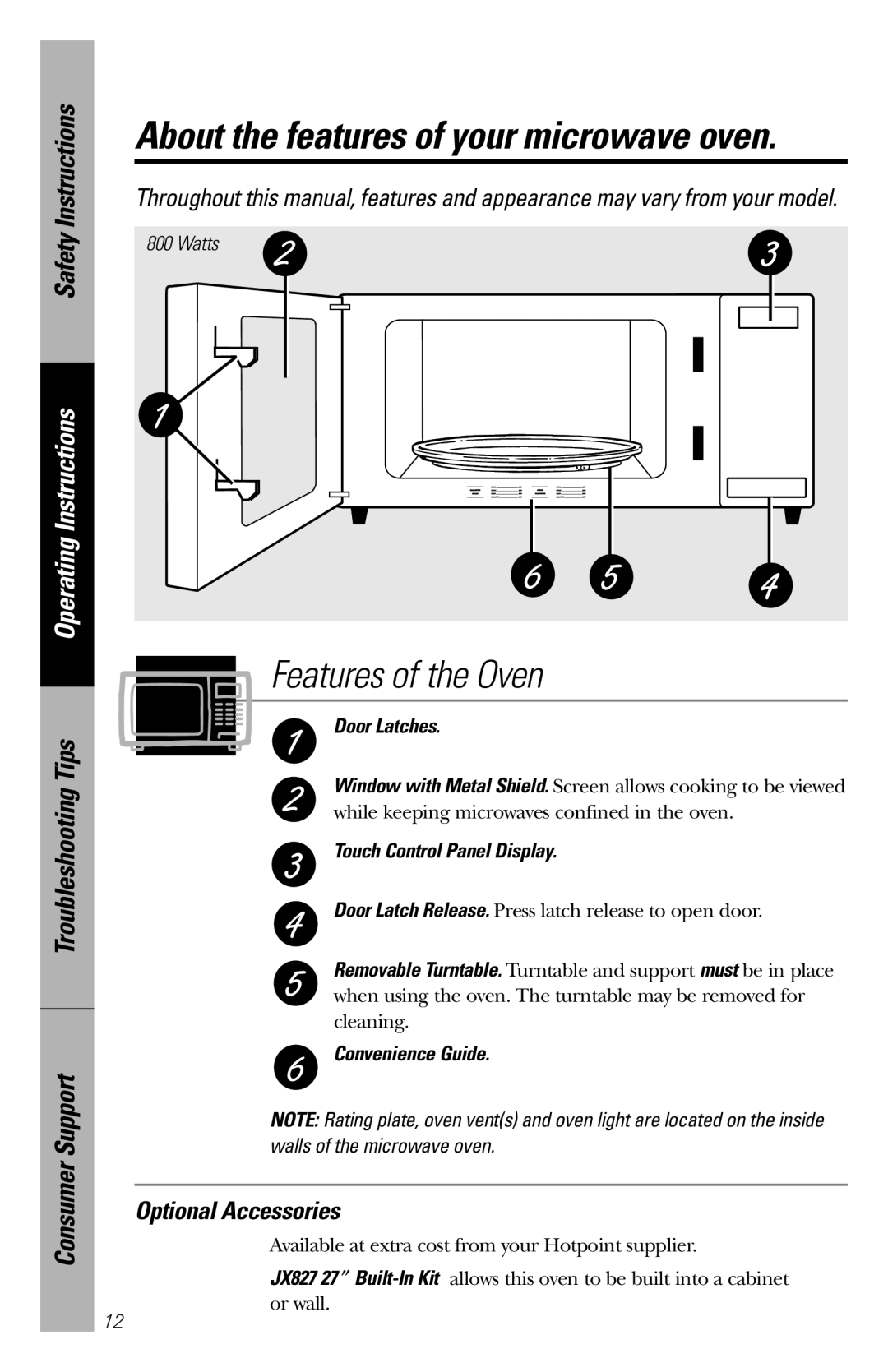 GE REM25 Features of the Oven, Safety Instructions, Operating Instructions, Troubleshooting Tips Consumer Support, Watts 