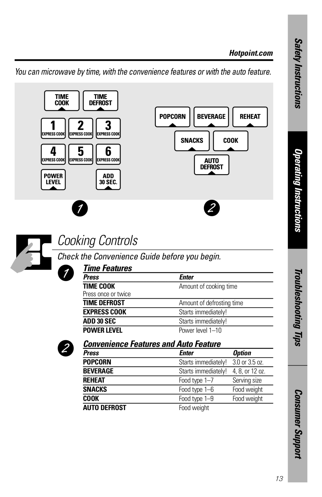 GE REM25 Cooking Controls, Check the Convenience Guide before you begin, Time Features, Safety Instructions, Hotpoint.com 