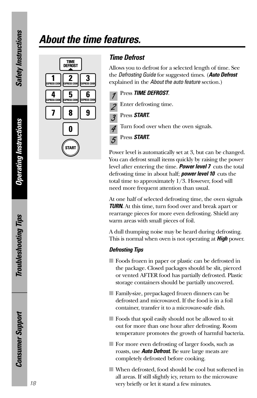 GE REM25 Time Defrost, About the time features, Safety Instructions, Operating Instructions, Press TIME DEFROST 