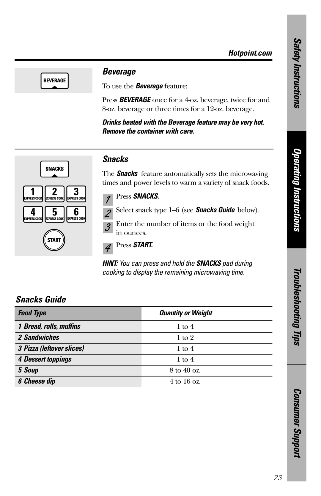 GE REM25 Beverage, Snacks Guide, Safety Instructions, Operating Instructions, Troubleshooting Tips, Consumer Support 