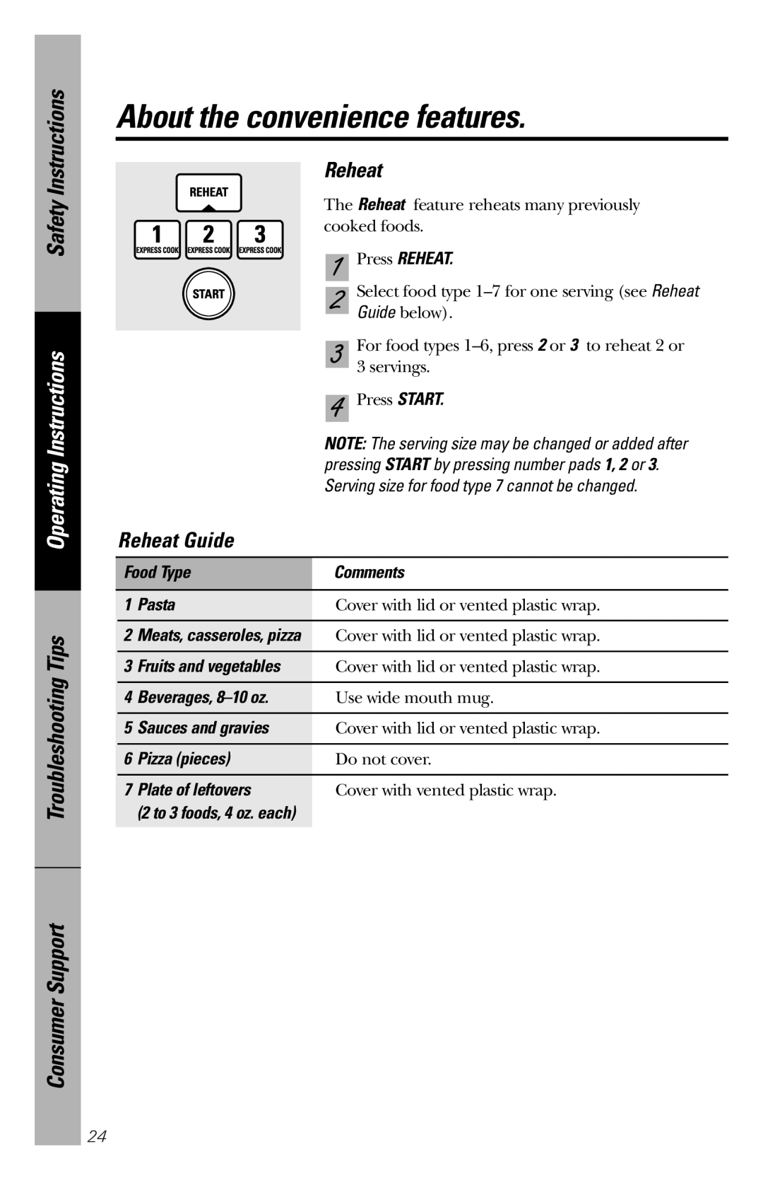 GE REM25 Reheat Guide, About the convenience features, Safety Instructions, Operating Instructions, Press REHEAT 