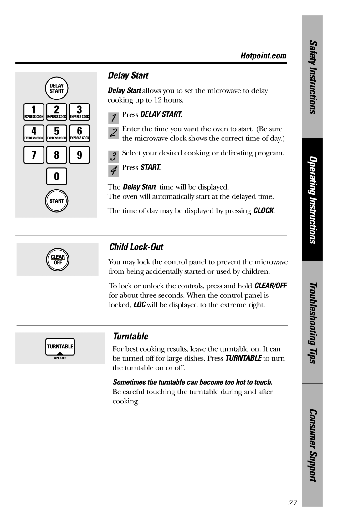 GE REM25 Delay Start, Child Lock-Out, Turntable, Safety Instructions, Operating Instructions, Troubleshooting Tips 