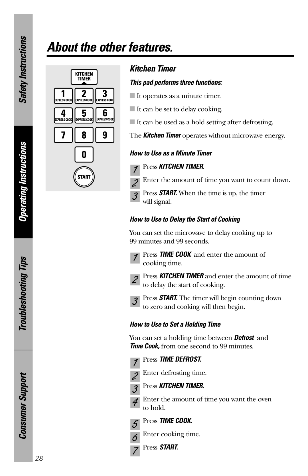 GE REM25 Kitchen Timer, About the other features, Safety Instructions, Operating Instructions, Press KITCHEN TIMER 