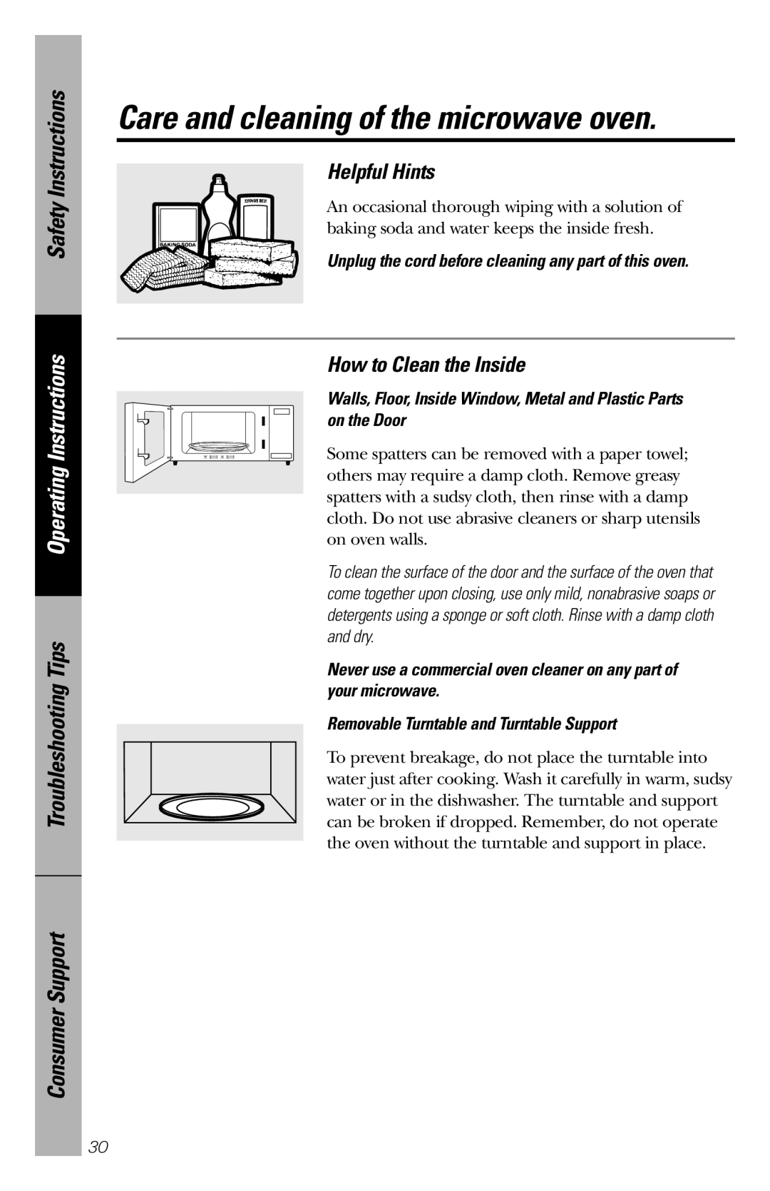 GE REM25 owner manual Helpful Hints, How to Clean the Inside, Care and cleaning of the microwave oven, Safety Instructions 