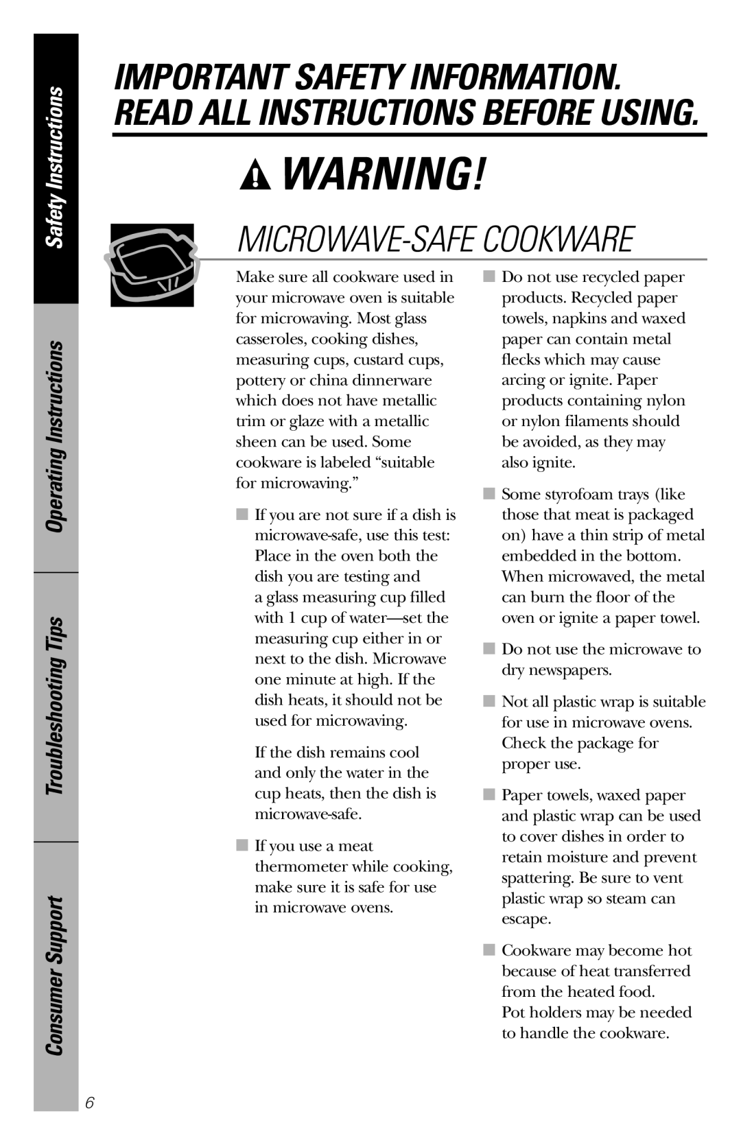 GE REM25 Microwave-Safe Cookware, Operating Instructions Troubleshooting Tips Consumer Support, Safety Instructions 