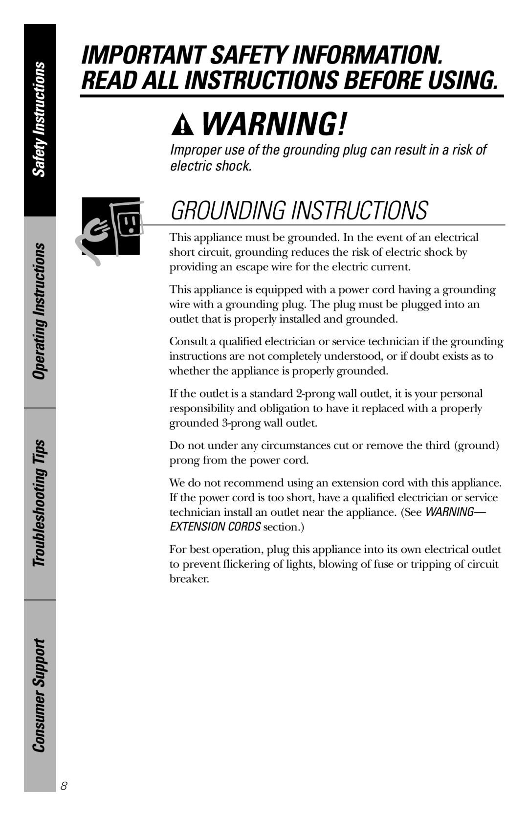 GE REM25 Grounding Instructions, Important Safety Information. Read All Instructions Before Using, Safety Instructions 