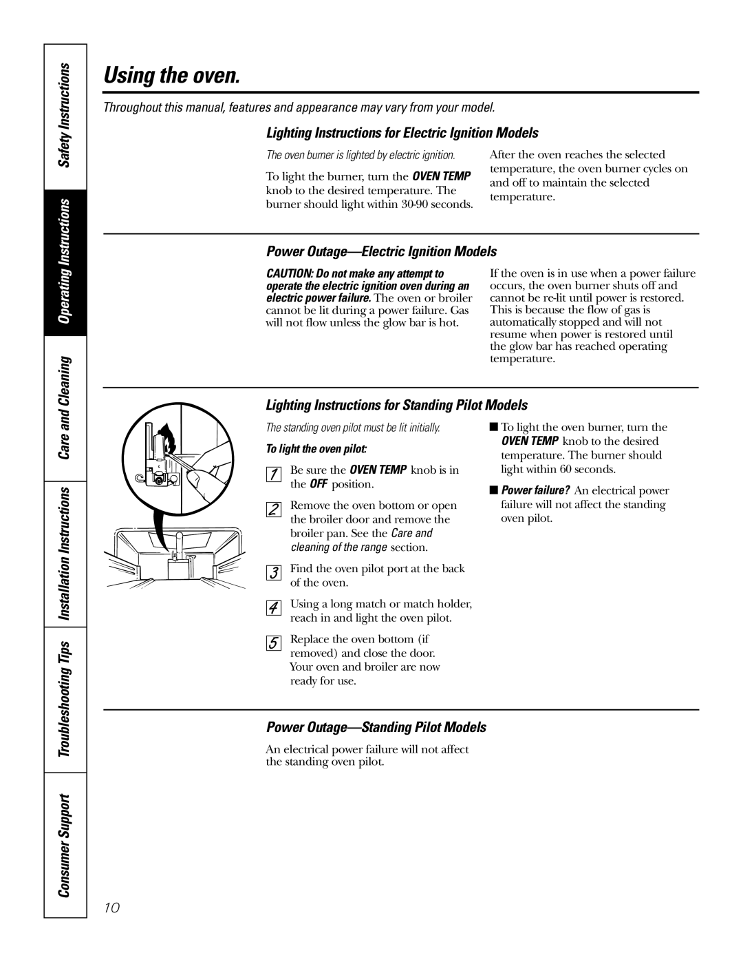 GE RGA620 Using the oven, Instructions Safety Instructions, Power Outage-Electric Ignition Models Cleaning Operating 