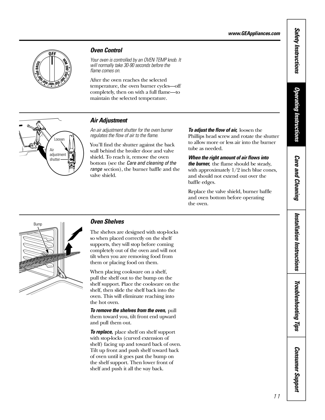 GE RGA624, RGA620 owner manual Oven Control, Air Adjustment, Care and Cleaning, Oven Shelves 