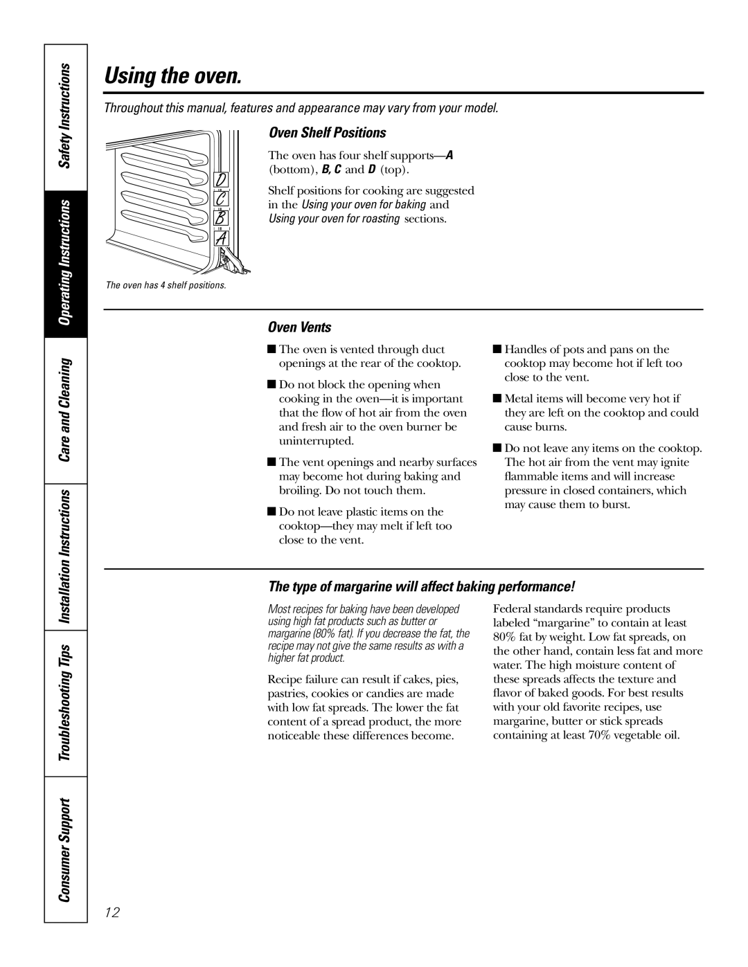 GE RGA620, RGA624 owner manual Oven Shelf Positions, Instructions Care and Cleaning Oven Vents 