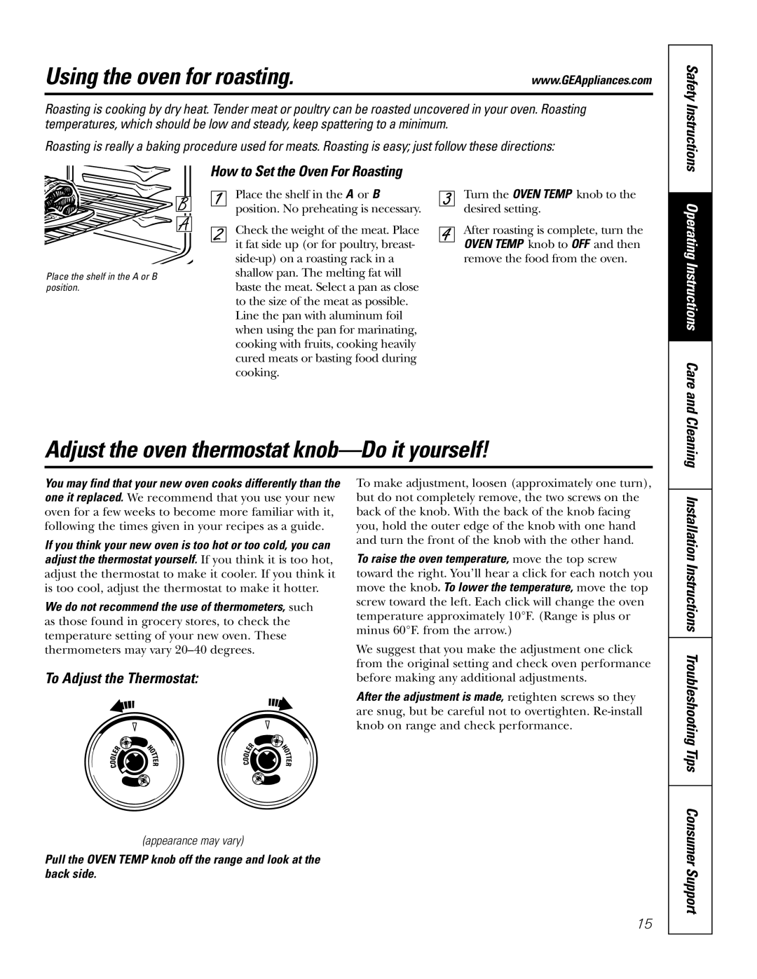 GE RGA624 Using the oven for roasting, Adjust the oven thermostat knob-Do it yourself, How to Set the Oven For Roasting 