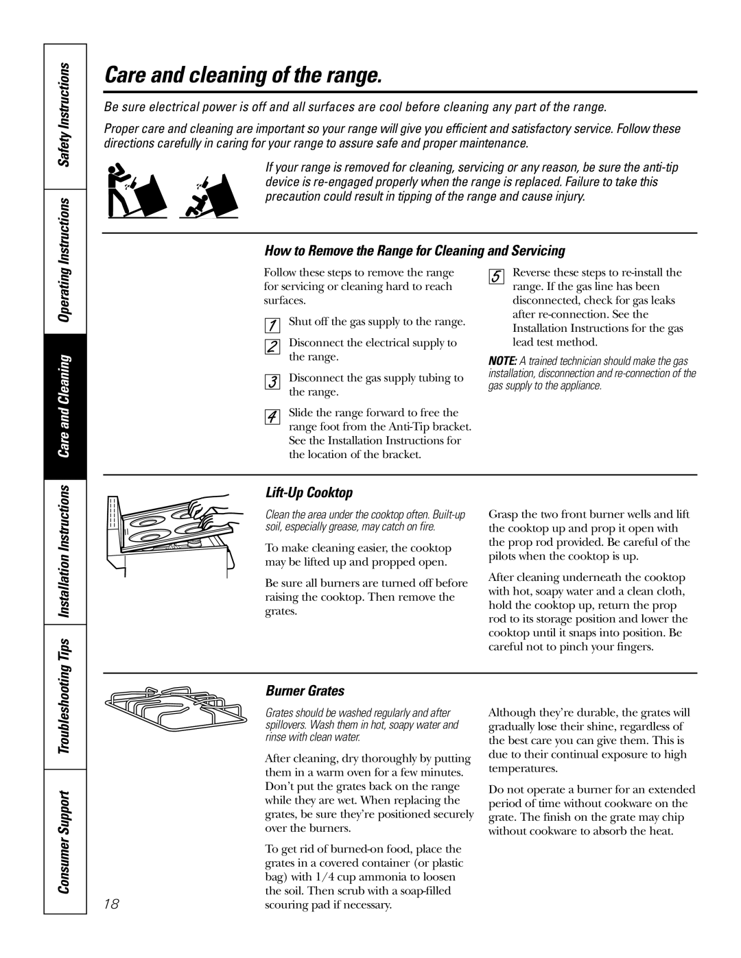 GE RGA620, RGA624 Care and cleaning of the range, How to Remove the Range for Cleaning and Servicing, Burner Grates 